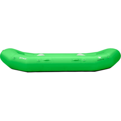 The side view of an NRS STAR Outlaw inflatable kayak features bright green durable PVC, visible side handles, and a sturdy drop-stitch floor against a white background.