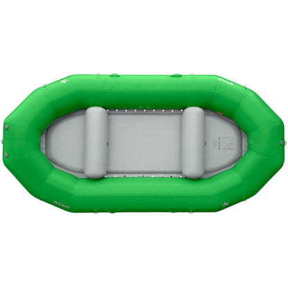 Top view of the NRS STAR Outlaw Rafts, a green inflatable raft with a durable PVC construction, gray interior, and three seating areas.