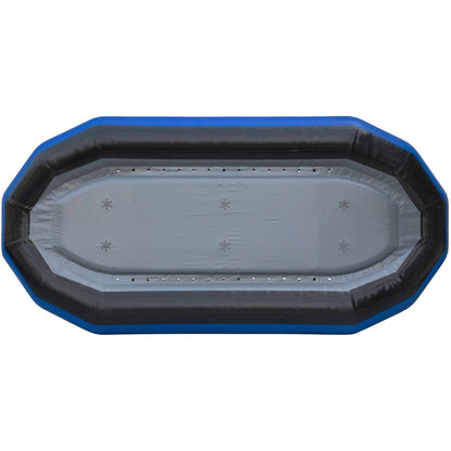 Top view of a large, empty inflatable floating platform with a blue and black border on gray, echoing the robust design of NRS STAR Outlaw Rafts.