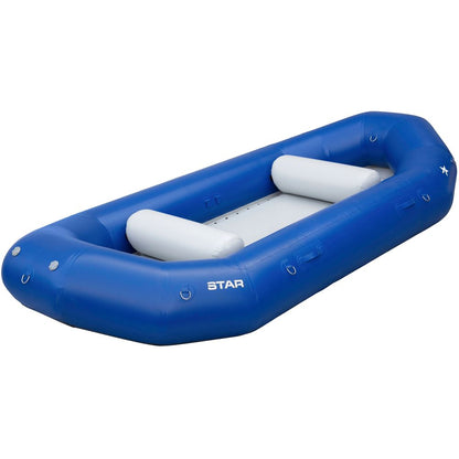 The STAR Outlaw Raft by NRS is a budget-friendly blue inflatable raft with a white interior, air tubes, side handles, and D-rings. Ideal for adventurers wanting a durable, practical self-bailing raft.