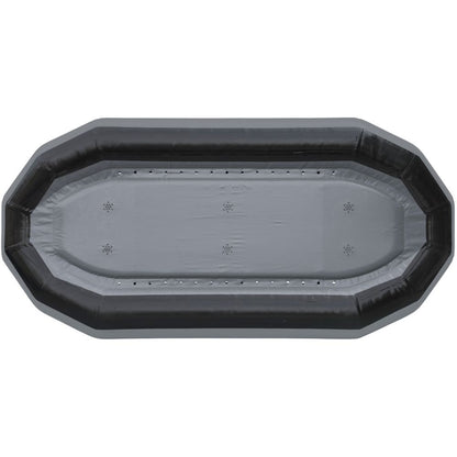 Top view of an NRS STAR Outlaw black inflatable raft, made from durable PVC with a rectangular shape, featuring rounded corners and small drainage holes for efficient self-bailing.