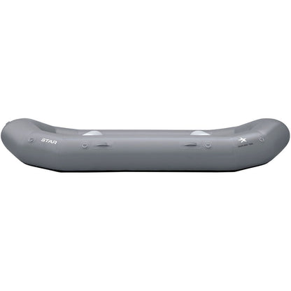 The STAR Outlaw Rafts by NRS, an affordable gray inflatable raft, feature durable PVC construction with elevated ends and side handles for easy maneuvering. Its robust drop-stitch floor ensures stability and longevity, set against a clean white backdrop.