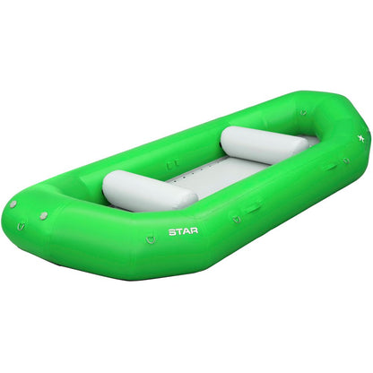 The STAR Outlaw Rafts by NRS are budget-friendly, featuring a green inflatable exterior, sleek white interior, convenient side handles, and self-bailing design—perfect for adventurous water outings.