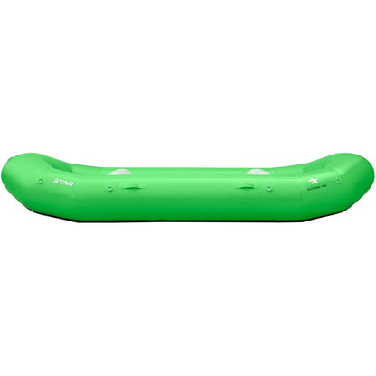 The NRS STAR Outlaw Rafts, crafted from durable PVC, feature a bright green design with multiple handles and are presented in a side view.
