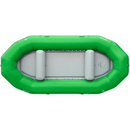 Top view of the budget-friendly NRS STAR Outlaw Rafts, a green and gray inflatable raft featuring two central bench seats, ideal for fuss-free adventures.