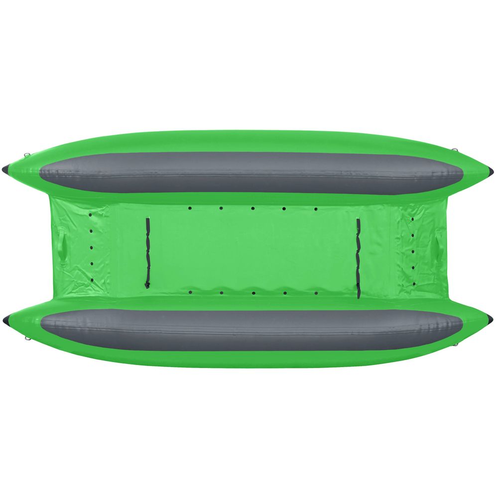 Top view of the NRS STAR Slice & Slice XL Paddle Cat, a green and gray inflatable cataraft with parallel tubes and an open center, featuring a self-bailing floor for whitewater adventures.