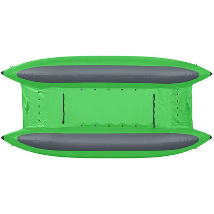 Top view of the NRS STAR Slice & Slice XL Paddle Cat, a green and gray inflatable cataraft with parallel tubes and an open center, featuring a self-bailing floor for whitewater adventures.