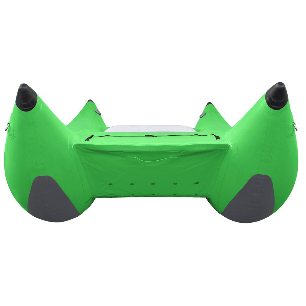 The STAR Slice & Slice XL Paddle Cats by NRS, featuring a green inflatable design with two pontoons and a self-bailing floor, highlighting its whitewater performance, seen from the front.
