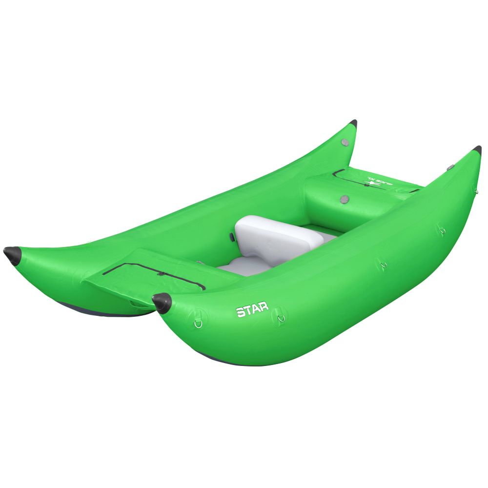 The NRS STAR Slice & Slice XL Paddle Cats are green inflatable two-person catarafts with a self-bailing floor, pointed ends, and a central seat—ideal for whitewater adventures.