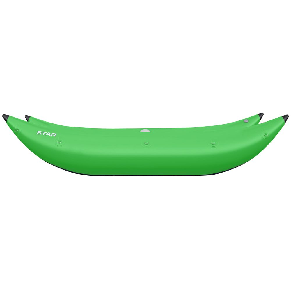 The NRS STAR Slice & Slice XL Paddle Cats features a slick green design with black accents and a self-bailing floor for better whitewater performance.