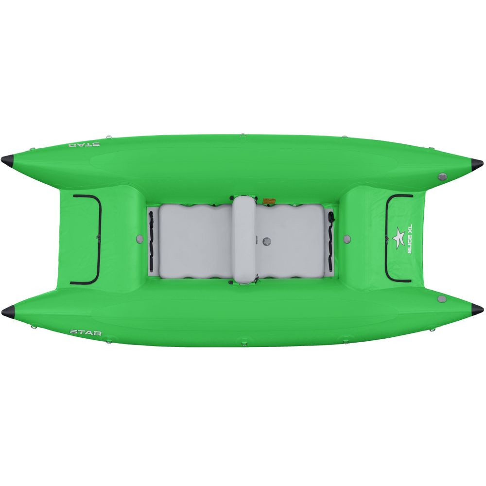 Top view of a green NRS STAR Slice inflatable kayak featuring pointed ends, a central gray seat, and a self-bailing floor for impressive whitewater performance.