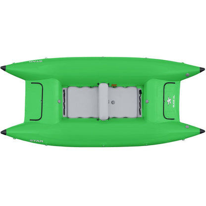 Top view of a green NRS STAR Slice inflatable kayak featuring pointed ends, a central gray seat, and a self-bailing floor for impressive whitewater performance.