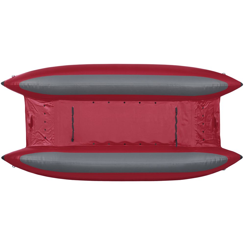 Top view of the NRS STAR Slice & Slice XL Paddle Cats, a red and grey inflatable kayak designed for whitewater performance. It features dual side pontoons, an open seating area, and a self-bailing floor for smooth rides in fast-moving waters.