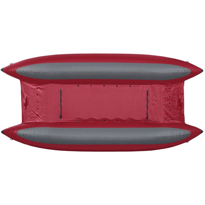 Top view of the NRS STAR Slice & Slice XL Paddle Cats, a red and grey inflatable kayak designed for whitewater performance. It features dual side pontoons, an open seating area, and a self-bailing floor for smooth rides in fast-moving waters.