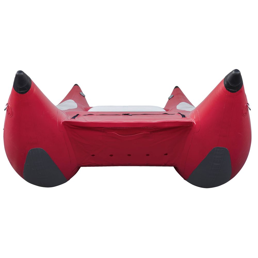 The NRS STAR Slice & Slice XL Paddle Cats are red inflatable watercraft designed for whitewater adventures, featuring two pointed front pontoons, a self-bailing floor, rear storage compartment, and gray accents.