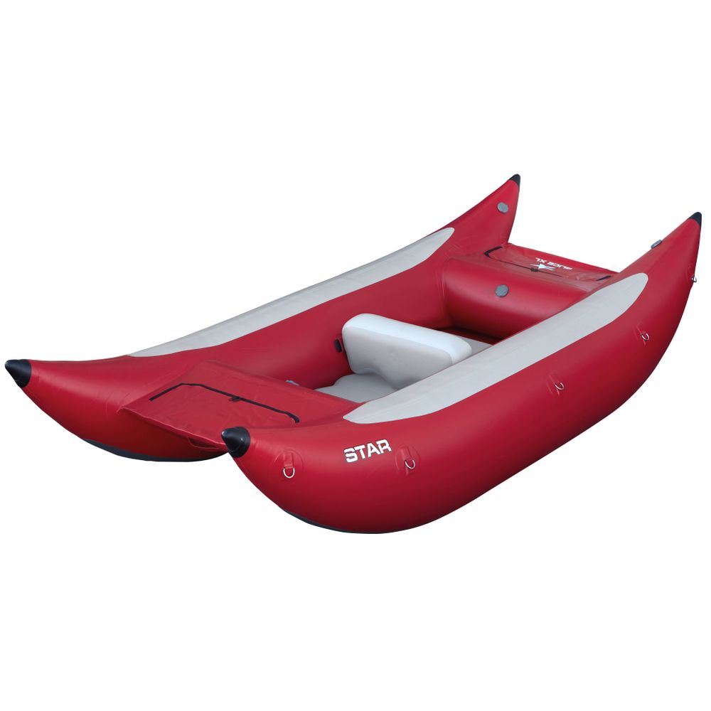 The NRS STAR Slice & Slice XL Paddle Cats is a red inflatable boat with two pontoons and a gray seat, designed for thrilling whitewater adventures. It features a self-bailing floor, perfect for exciting water activities.