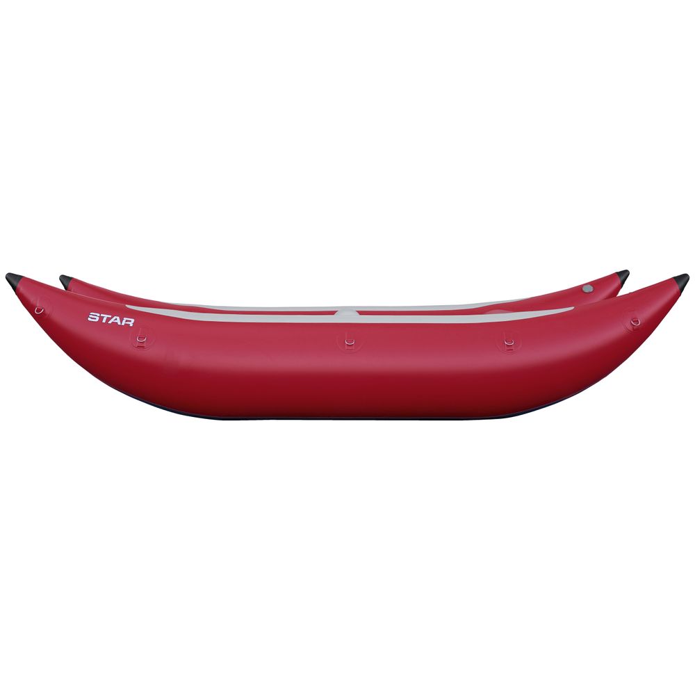 The red NRS STAR Slice & Slice XL Paddle Cats inflatable kayak, with a self-bailing floor and pointed ends, is designed for top whitewater performance and resembles sleek Paddle Catarafts when viewed from the side.