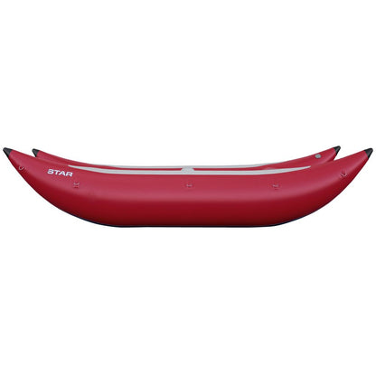 The red NRS STAR Slice & Slice XL Paddle Cats inflatable kayak, with a self-bailing floor and pointed ends, is designed for top whitewater performance and resembles sleek Paddle Catarafts when viewed from the side.