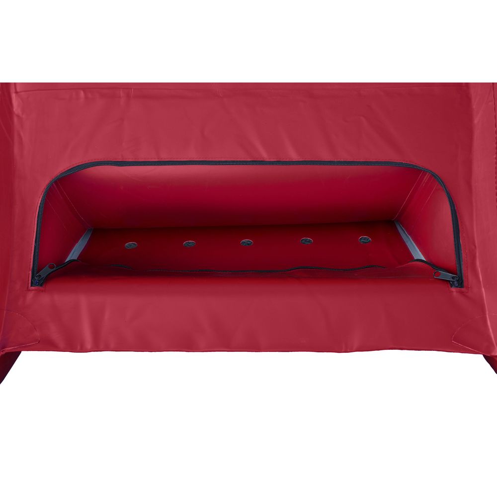 Experience the unique red fabric interior of this tent-like structure, reminiscent of NRS's STAR Slice & Slice XL Paddle Cats. With its zippered opening and five circular vents at the base, it mirrors the self-bailing floor design for enhanced whitewater performance.