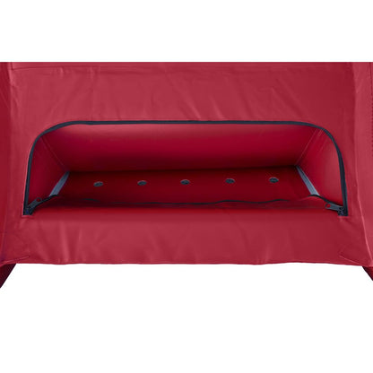Experience the unique red fabric interior of this tent-like structure, reminiscent of NRS's STAR Slice & Slice XL Paddle Cats. With its zippered opening and five circular vents at the base, it mirrors the self-bailing floor design for enhanced whitewater performance.