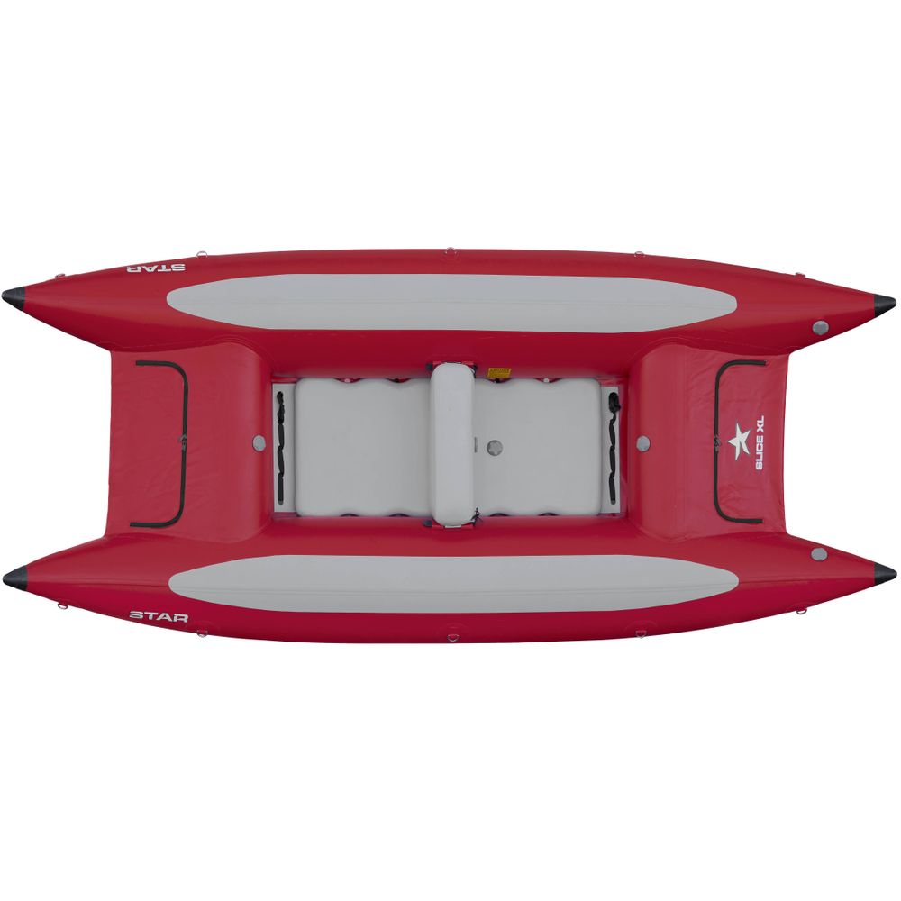 Top view of a red and gray STAR Slice & Slice XL Paddle Cats inflatable kayak from NRS with pointed ends, central seating, and a self-bailing floor for enhanced whitewater performance.
