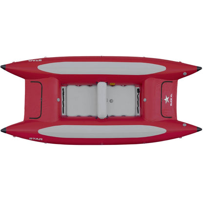 Top view of a red and gray STAR Slice & Slice XL Paddle Cats inflatable kayak from NRS with pointed ends, central seating, and a self-bailing floor for enhanced whitewater performance.