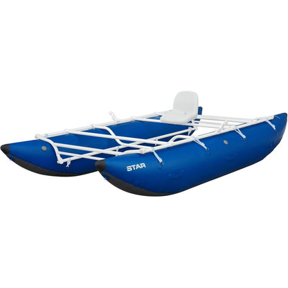 The STAR Kannah Cataraft by NRS is a blue inflatable pontoon boat with a sturdy white metal frame and single seat. Ideal for recreational use and multi-day trips, its spacious design is perfect for hauling gear, ensuring you're well-equipped for any adventure.
