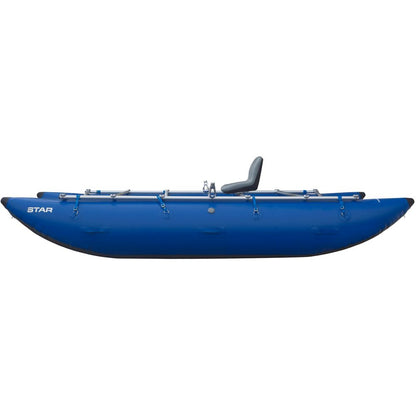 The STAR Kannah Cataraft by NRS is a blue inflatable kayak with a sturdy metal frame, designed for gear hauling on multi-day trips. It features a sleek side view with a single seat.