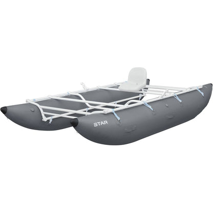 The NRS STAR Kannah Cataraft is a sturdy gray inflatable pontoon boat with a white metal frame and single seat, ideal for gear hauling on multi-day trips.