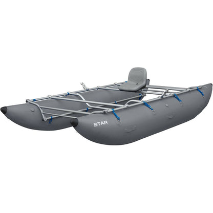 The gray inflatable pontoon boat is perfect for multi-day trips, with a single seat, metal frame, and blue attachments. This reliable gear-hauling companion resembles the iconic STAR Kannah Cataraft by NRS.
