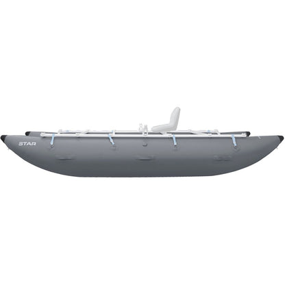The NRS STAR Kannah Cataraft is shown in side view against a plain white background. This gray inflatable pontoon boat features a single seat and robust metal frame, ideal for gear hauling on multi-day trips.