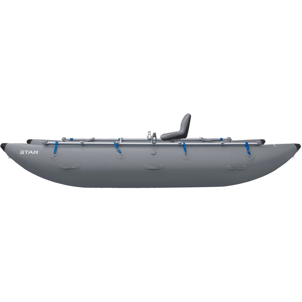 The STAR Kannah Cataraft from NRS is a gray inflatable watercraft with a metal frame and single seat, ideal for paddling or rowing. It's perfect for multi-day trips, offering plenty of space for gear hauling.