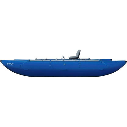 The STAR Kannah Cataraft by NRS is a blue, single-seater inflatable catamaran with a sturdy metal frame, ideal for multi-day trips and gear hauling; showcased in profile against a pristine white background.
