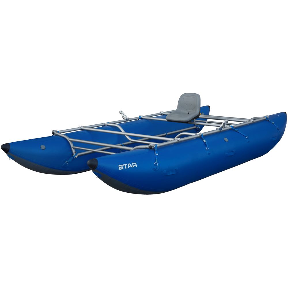 The NRS STAR Kannah Cataraft is a blue inflatable pontoon boat with a metal frame and a single gray seat, ideal for gear hauling on multi-day trips.