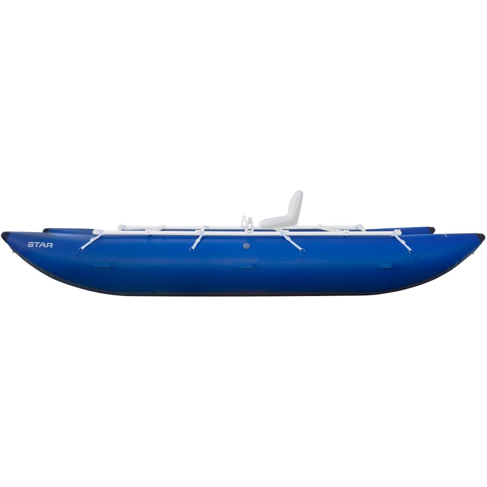 The NRS STAR Kannah Cataraft, with blue inflatable body and white seat shown in side view, is ideal for gear hauling on multi-day trips.