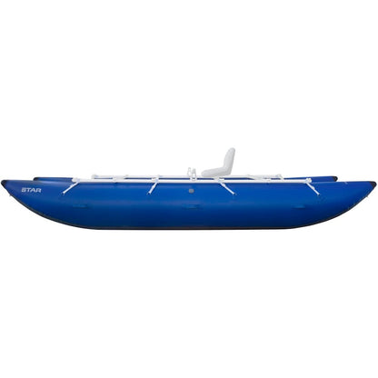 The NRS STAR Kannah Cataraft, with blue inflatable body and white seat shown in side view, is ideal for gear hauling on multi-day trips.