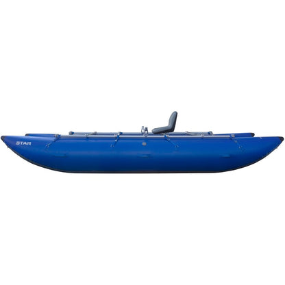 The NRS STAR Kannah Cataraft is a blue inflatable designed for multi-day gear hauling, with one seat, a metal frame, and sturdy pontoons.