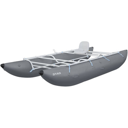 The STAR Kannah Cataraft by NRS is a gray inflatable pontoon boat with a durable metal frame and single seat, perfect for gear hauling on multi-day trips.