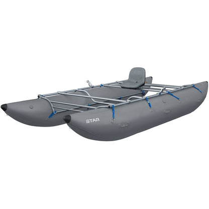 The STAR Kannah Cataraft by NRS is a gray inflatable with a metal frame and single seat, ideal for solo adventurers on multi-day trips. Designed for gear hauling, it ensures you have all you need on your journey.