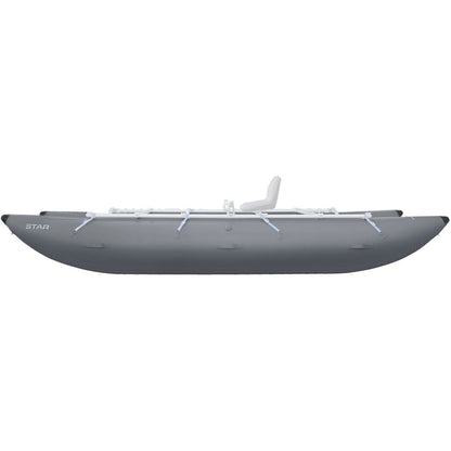 The STAR Kannah Cataraft by NRS boasts a sleek side view with a white seat and sturdy metal frame, ideal for hauling gear on multi-day trips.