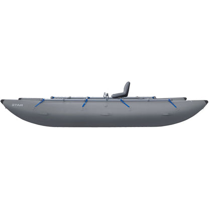 The STAR Kannah Cataraft by NRS is a grey inflatable pontoon boat with central seating and blue straps, ideal for multi-day trips. Its design makes gear hauling easy, providing a reliable companion for your water adventures.