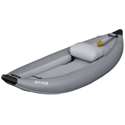 The STAR Outlaw Solo IK by NRS is a gray inflatable kayak made from durable PVC. It includes a cushioned seat and back support, enhancing whitewater performance and ensuring a comfortable ride.