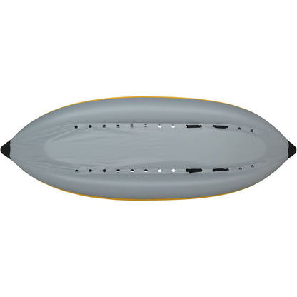 Top view of the STAR Outlaw Solo IK by NRS, a gray inflatable kayak made from durable PVC. It features yellow trim, black accents, multiple air chambers, and adjustable seat positions for excellent whitewater performance.