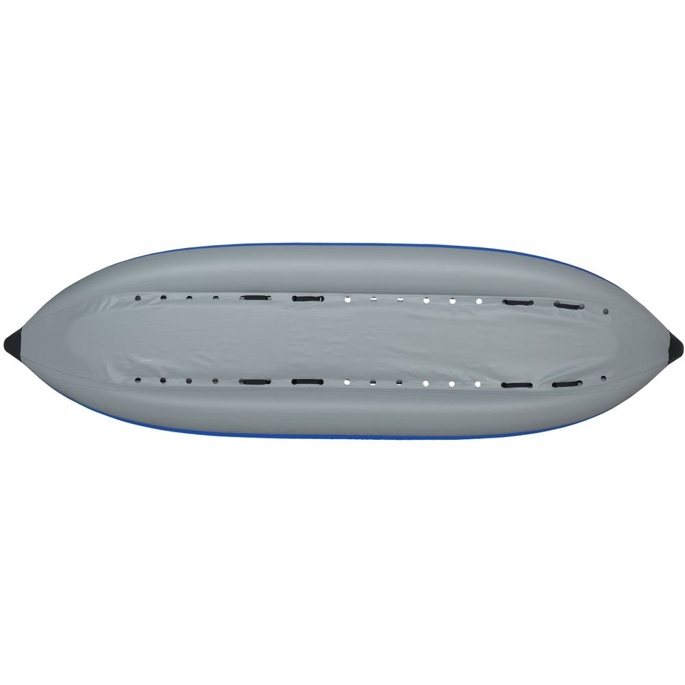 The top view shows the gray NRS STAR Outlaw Tandem IK inflatable kayak designed for whitewater performance. It features multiple footrests, two-person seating, durable PVC construction, and black handles along the sides for easy maneuvering.