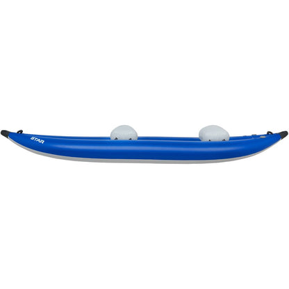 The NRS STAR Outlaw Tandem IK is a blue inflatable kayak with two seats, engineered for optimal whitewater performance, shown in side view.