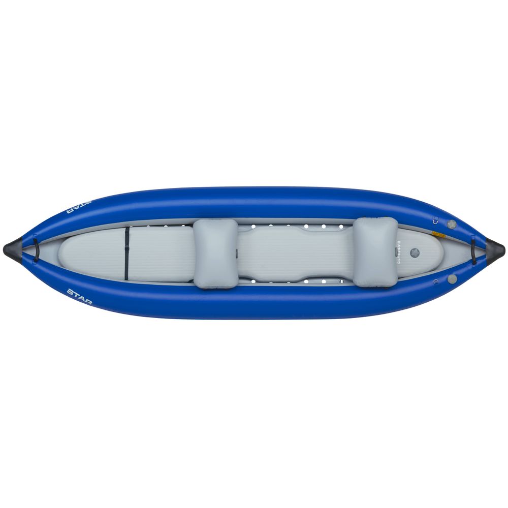 Top view of the NRS STAR Outlaw Tandem IK, a blue inflatable kayak made from durable PVC, featuring two grey seats for comfort and whitewater performance.