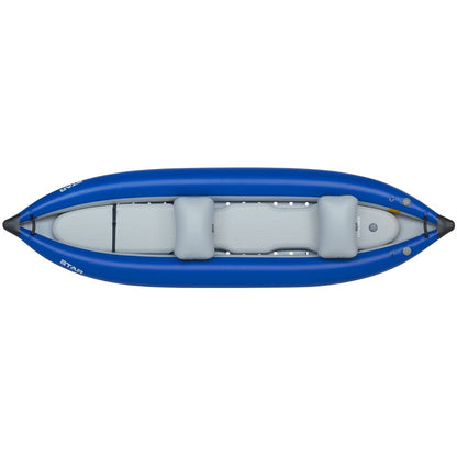 Top view of the NRS STAR Outlaw Tandem IK, a blue inflatable kayak made from durable PVC, featuring two grey seats for comfort and whitewater performance.
