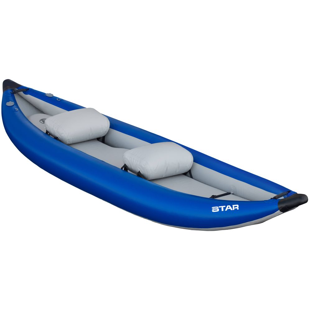 Experience the thrill of whitewater adventure with the NRS STAR Outlaw Tandem IK. This inflatable blue and gray kayak features durable PVC construction and two comfortable seats for your exciting journeys.