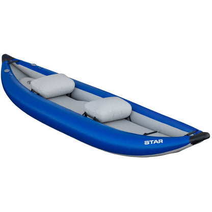 Experience the thrill of whitewater adventure with the NRS STAR Outlaw Tandem IK. This inflatable blue and gray kayak features durable PVC construction and two comfortable seats for your exciting journeys.