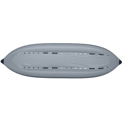 Top view of the NRS STAR Outlaw Tandem IK, an empty inflatable kayak made from durable PVC material, featuring a grey exterior.